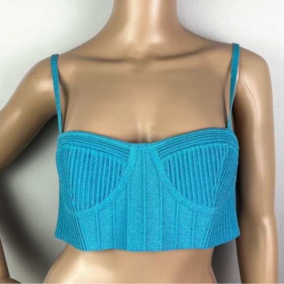 NEW RETROFETE BLUE METALLIC RIBBED CROP TOP - Picture 2 of 9